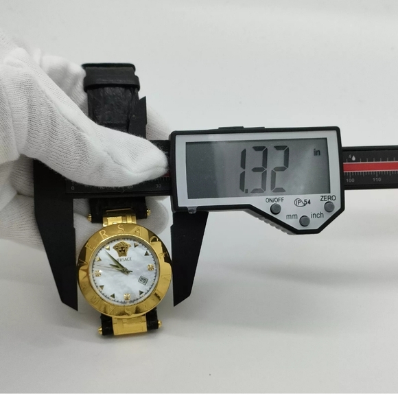 Versace Swiss Made Ladies Goldtone Watch W/Black Leather Shark Band Working - Picture 7 of 10